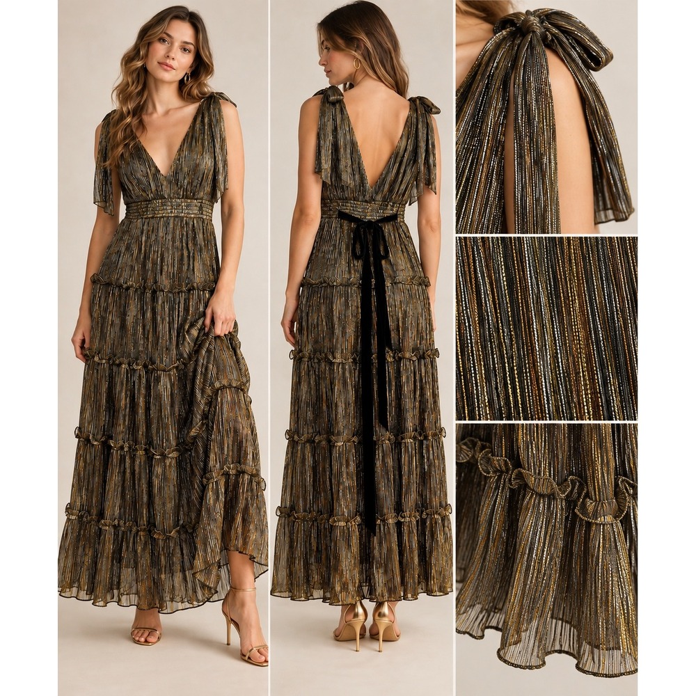 A Loves A Metallic Pleated Tiered Long Maxi Dress V Neck XL Sleeveless Ruffle